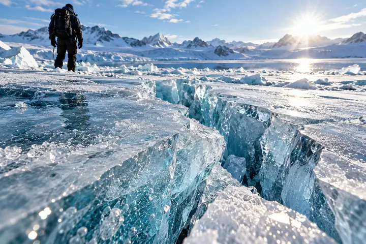 Gros plan sur de la glace qui se fissure sous une vive lumière polaire, texture cristalline et détails nets