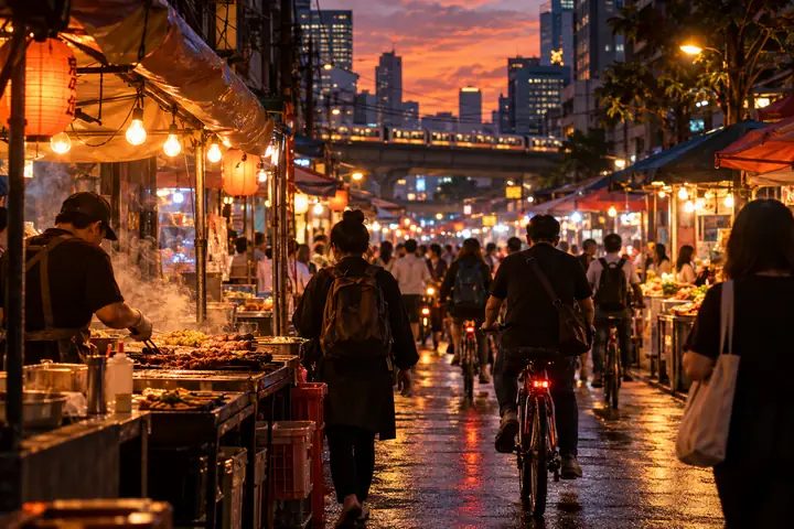 Marché nocturne animé au crépuscule avec des stands de nourriture et des vélos qui passent, atmosphère urbaine riche en strates