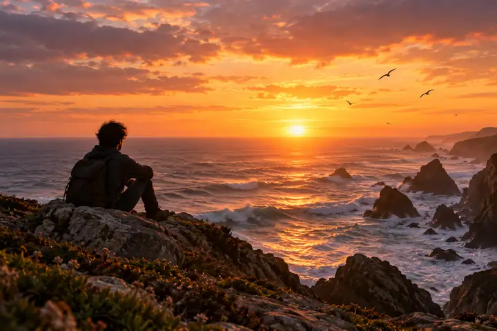 Coucher de soleil cinématographique sur l’océan avec de douces vagues et des oiseaux marins au loin, cadrage atmosphérique en plan large