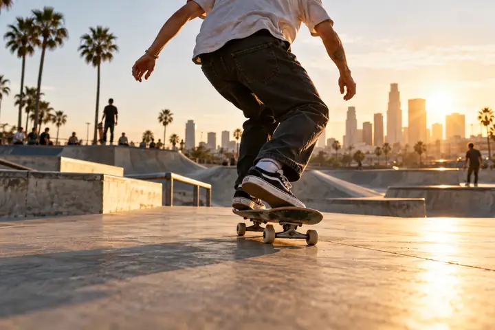 Un skateur réussissant une figure dans un skatepark en béton baigné de soleil, cadrage documentaire dynamique